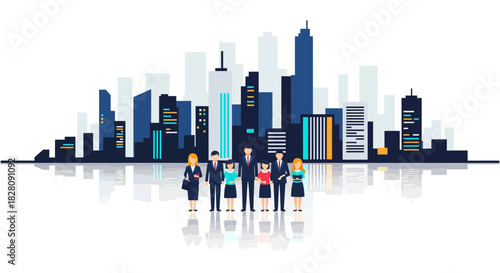 Business team in front of modern city skyline in flat style