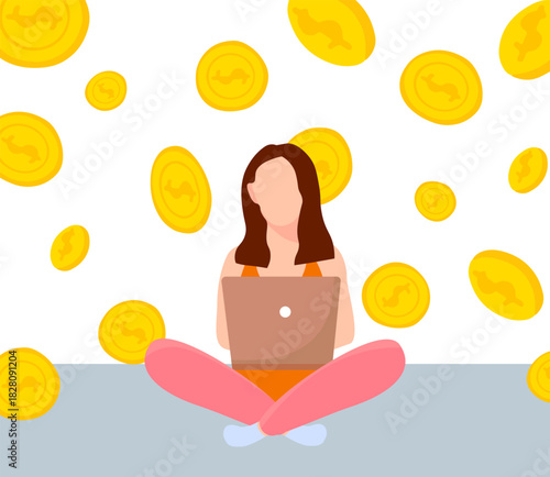 Young woman sitting with laptop. Freelance, online studying, work from home concept. Vector illustration in flat style.