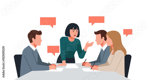 Team discussion: business meeting with four colleagues and speech bubbles