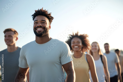 Diverse group of happy young adults confidently walking forward under sunny skies, sharing smiles and embodying themes of friendship, unity, and team success