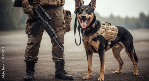 Soldier with rifle and a kelpie dog wearing tactical vest standing outdoors on a neutral background