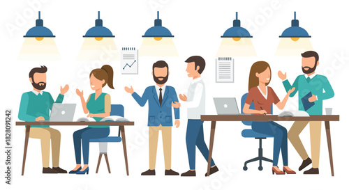 Modern office team collaboration in flat design with business professionals in shared workspace