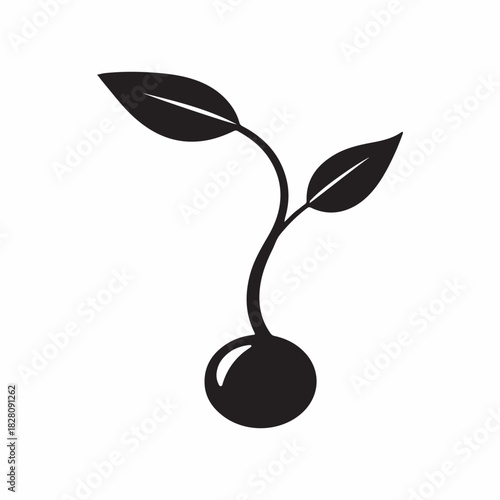 Minimalist Monochrome Black Silhouette Icon of a Sprouting Seed or Growing Plant