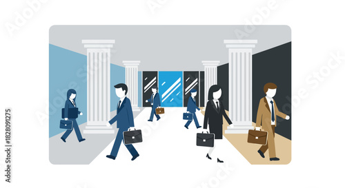 Busy office people walking in modern hallway with columns in flat design