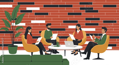 Modern team meeting in cozy lounge room with brick wall and indoor plants
