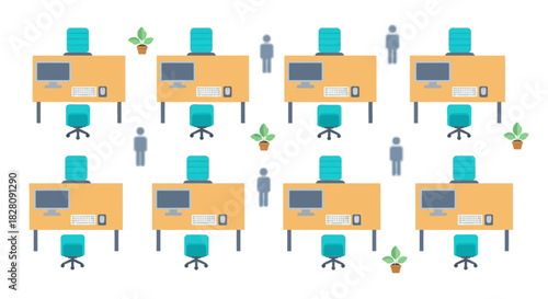 Seamless office pattern with desks and chairs in isometric style