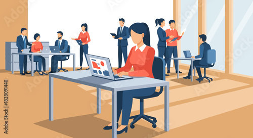 Modern office workspace with people collaborating and using technology