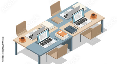 Modern isometric office workspace with laptops, books, and coffee cups