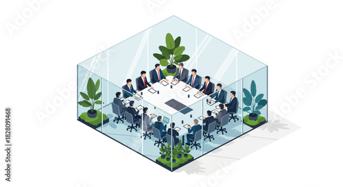 Business meeting in glass office with diverse professionals and modern design elements