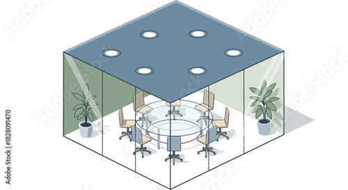 Modern isometric office meeting room with glass walls and circular table