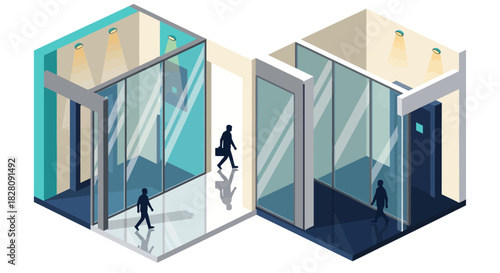 Modern isometric office spaces with glass walls
