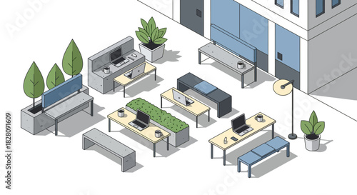 Modern urban office outdoor workspace design with benches and laptops
