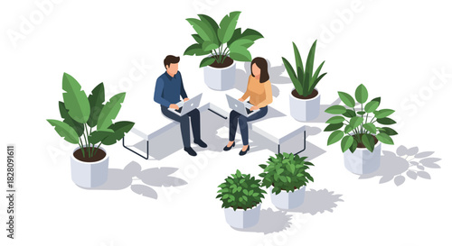 Modern office space with plants and colleagues working on laptops in isometric style