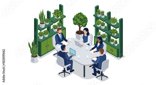 Isometric office meeting with greenery and professionals around a table