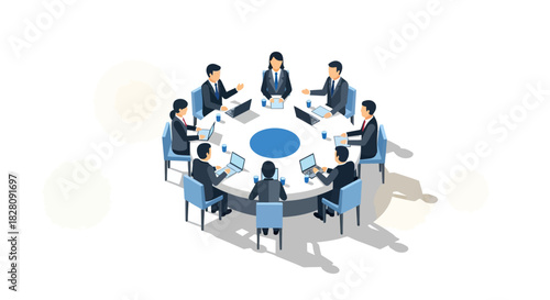 Isometric design of a business meeting at a round table with diverse team collaboration