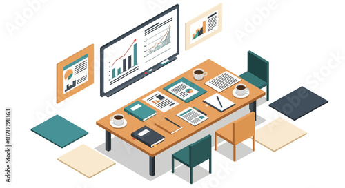 Modern office meeting with isometric design and data analysis charts