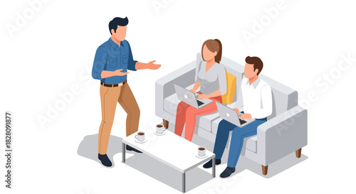 Team meeting in modern office setting with laptops and coffee on couch