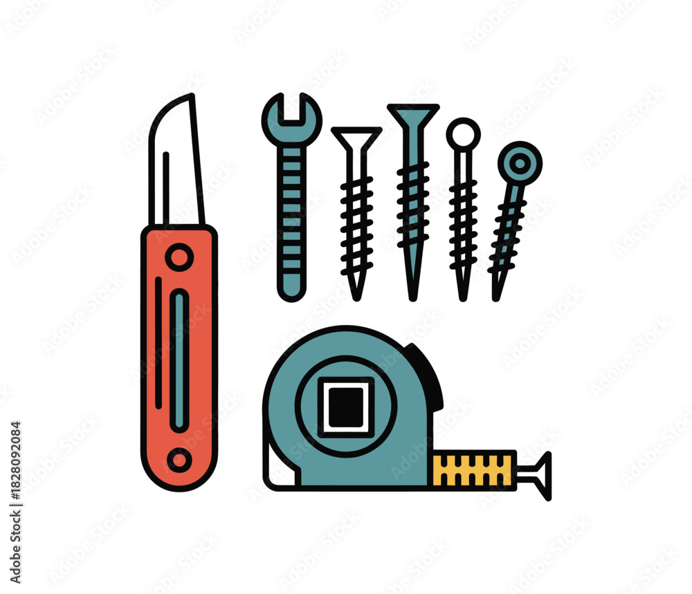 Fototapeta premium A collection of tools including a utility knife, wrench, screws, and measuring tape.