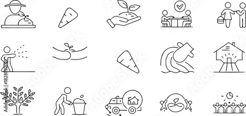 Set of Outline Icons Illustrating Farming Gardening and Community Activities Keywords: farming, gardening, planting, growth, agriculture, harvest, community, teamwork, house, home, watering