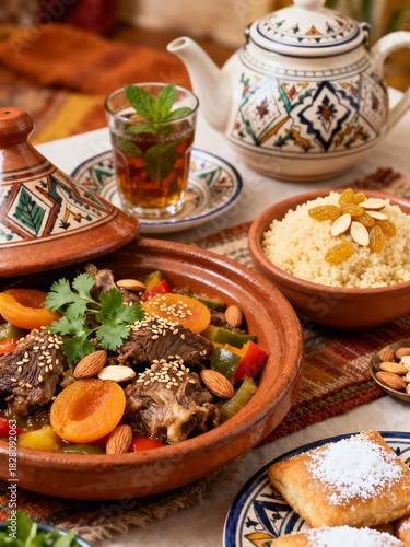 A table with a variety of food, including a pot of meat and vegetables