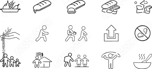 Set of simple line art icons illustrating food preparation, family, and activities tray kebab