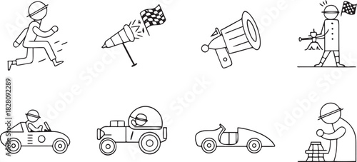Simple Line Art Icons Depicting Racing and Game Scenarios With Stylized Figures Keywords: running man, checkered flag, windsock, megaphone, trumpet player, car, driver, racing, game, sport