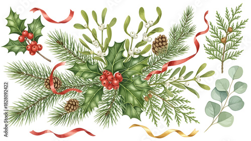 Watercolor christmas holiday greenery with holly pine mistletoe and red ribbon