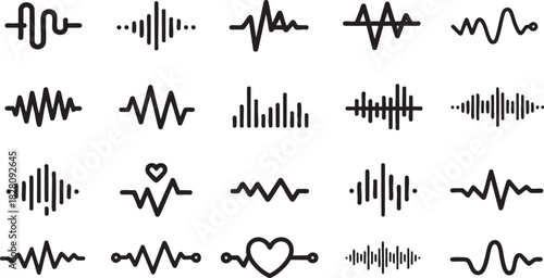 Podcast sound waves. Audio waveforms line icons, sound wave frequency or voice microphone signals. Music, podcast and broadcast, UI and audio branding design. Isolated vector set