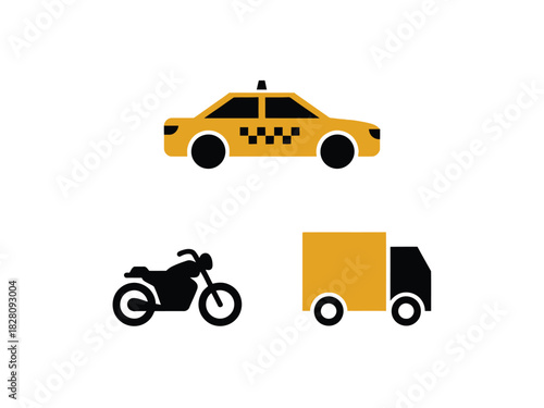 A yellow taxi, a motorcycle, and a yellow truck are depicted on a white background.