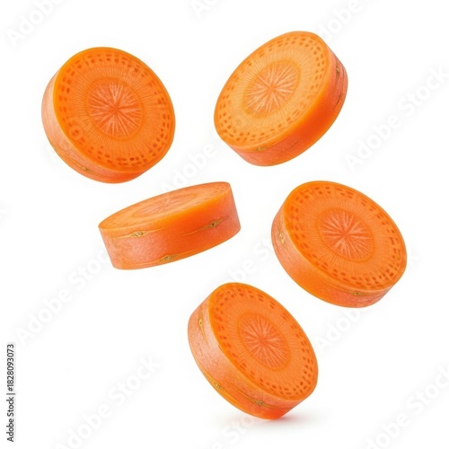 Five bright orange carrot slices scattered and floating in the air isolated on white background