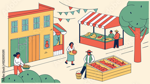 Colorful flat vector illustration of a bustling outdoor local market scene