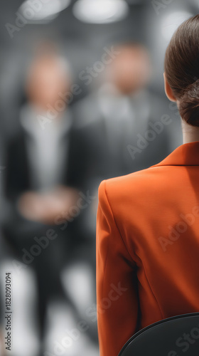 Woman in Vibrant Suit: An elegant woman in a striking orange suit commands attention from the back, her poise and confident posture hinting at her leadership presence. A blurred backdrop adds depth.