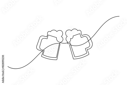 Continuous one line art drawing of two beer mugs clinking, celebration toast, minimal illustration