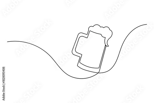 Continuous one line drawing of a foamy beer mug, alcoholic drink, simple modern vector art on white
