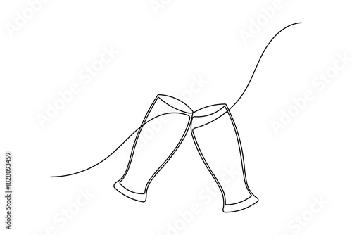 Continuous one line drawing of two beer glasses clinking, embodying cheers, party and celebration