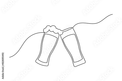 Continuous one line art drawing of two beer glasses clinking together for a celebratory toast