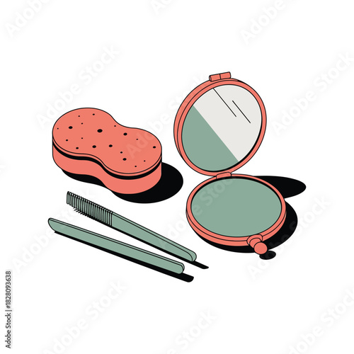 Personal care items including a sponge, nail file, tweezers, and compact mirror.