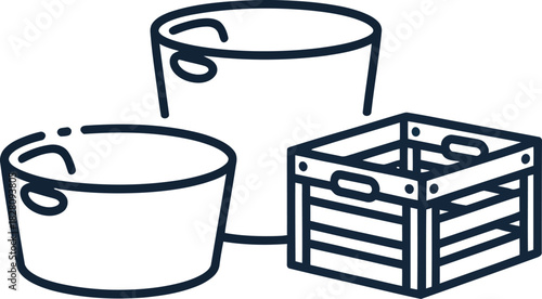 Three containers, including two tubs and one wooden crate, are depicted in a simple line drawing.