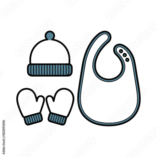 A winter hat, mittens, and a bib are laid out for a baby.