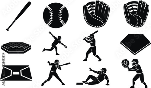 Baseball Equipment and Player Silhouettes glove catcher baseball, bat, ball, glove, catcher, pitcher, batter, sliding, base, home plate, diamond, sport, game, equipment, action, silhouette, black and 