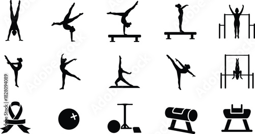 Black silhouette icons of gymnastics and sports equipment gymnastics, sport, athlete, silhouette, icon, balance beam, uneven bars, pommel horse, vault, ribbon, ball, scooter, fitness, exercise, traini
