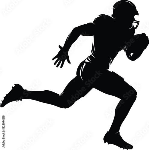 Black silhouette of a football player running with ball american football, football player, running, silhouette, black and white, athlete, sport, action, motion, speed, power, strength, determination,