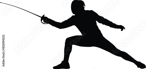 Black silhouette of a fencer lunging with a sword fencing fencing, fencer, sword, sport, athlete, action, silhouette, black and white, white background, competition, duel, weapon, athletic, movement, 