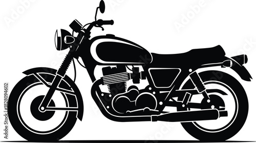 Black silhouette of a vintage motorcycle on white background motorcycle, motorbike, vintage, retro, classic, vehicle, transport, transportation, silhouette, black and white, graphic, illustration, eng