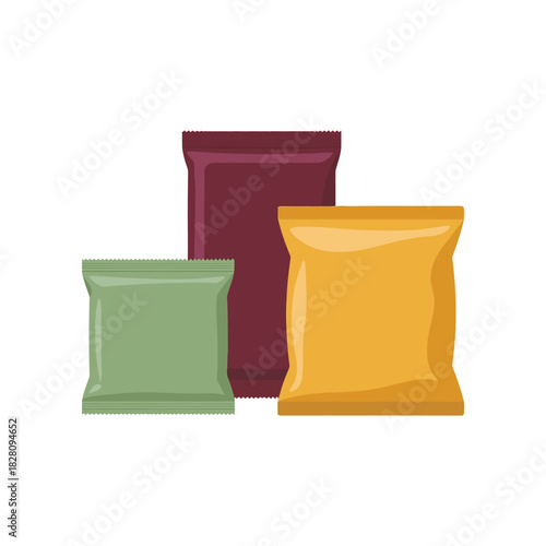 Three colorful foil snack bags are arranged on a white background.
