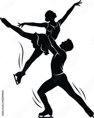 Black silhouette of figure skaters performing a lift figure skating, ice skating, silhouette, black and white, couple, dance, sport, performance, lift, athlete, motion, grace, elegance, dynamic, actio