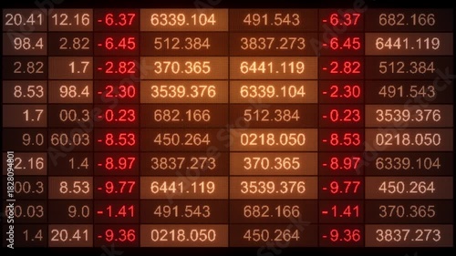 Seamless loop 3D animation of a stock market quotes table with red negative changes in a warm grid layout on dark screen, ideal for trading, finance, news, and analytics.