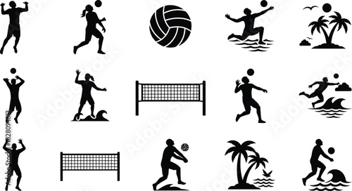 Black silhouettes of people playing volleyball on beach and water volleyball, beach volleyball, water sport, silhouette, black and white, sport, game, action, player, athlete, net, ball, jumping, serv