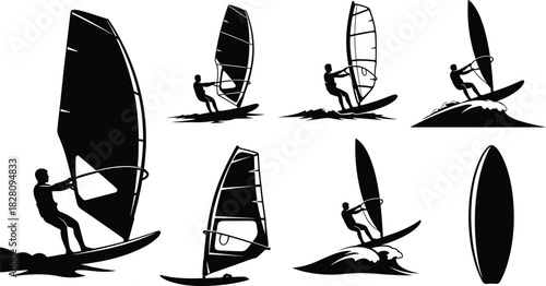 Black silhouettes of windsurfers on water and waves windsurfing, windsurfer, silhouette, black and white, water sport, ocean, sea, waves, surfing, sailing, recreation, activity, sport, action, dynamic