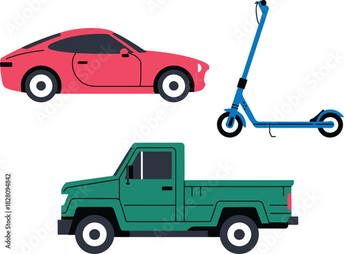 A red sports car, a green pickup truck, and a blue electric scooter are depicted.